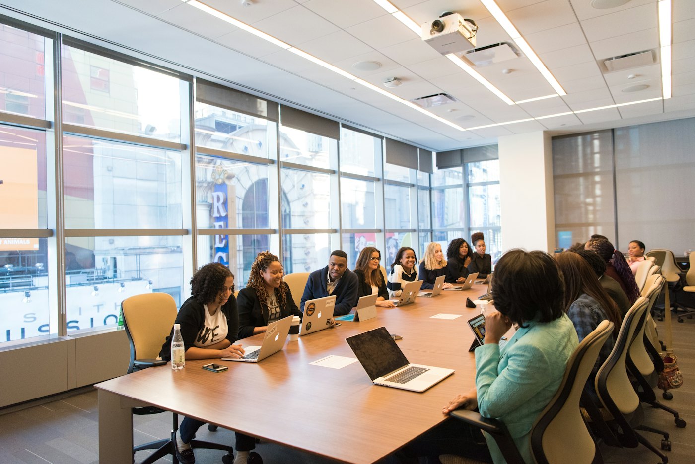Team working together around a meeting table